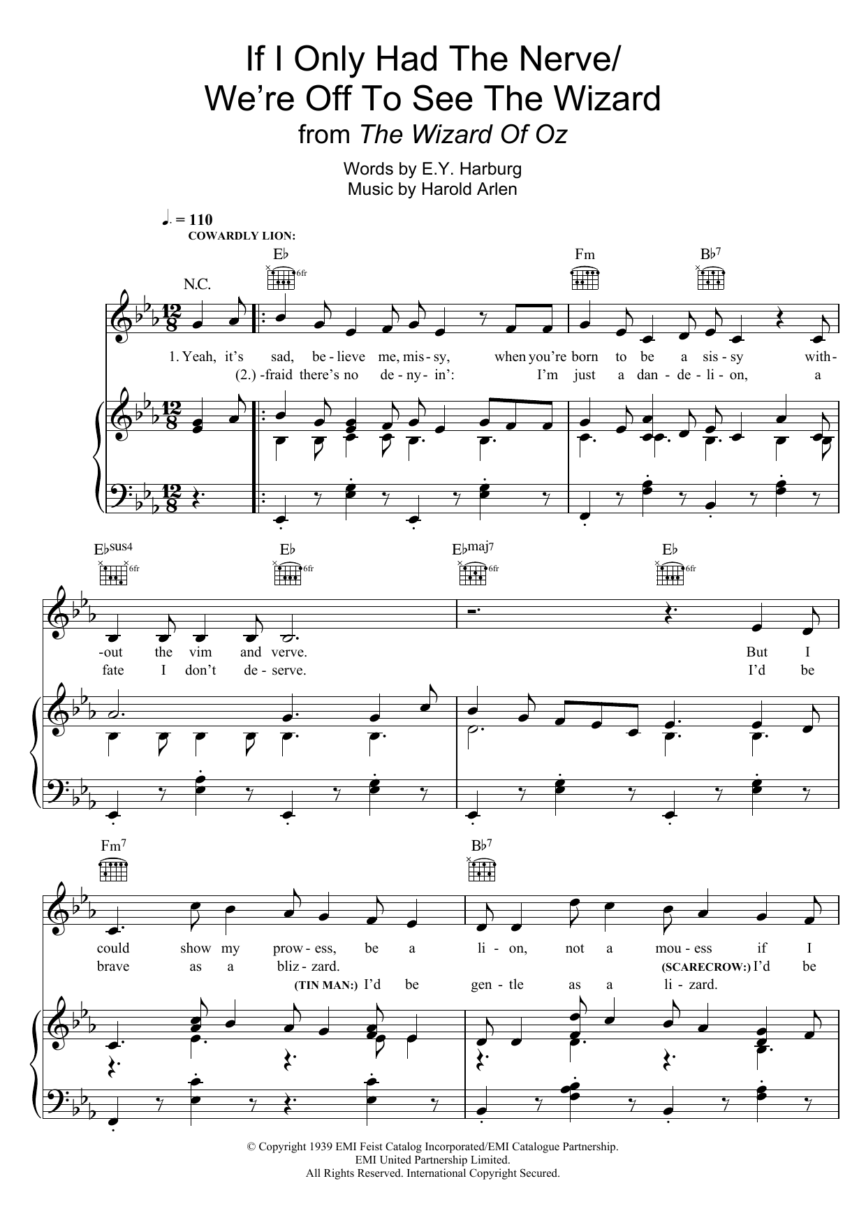 Harold Arlen If I Only Had The Nerve/We're Off To See The Wizard (from 'The Wizard Of Oz') Sheet Music Notes & Chords for Piano, Vocal & Guitar (Right-Hand Melody) - Download or Print PDF