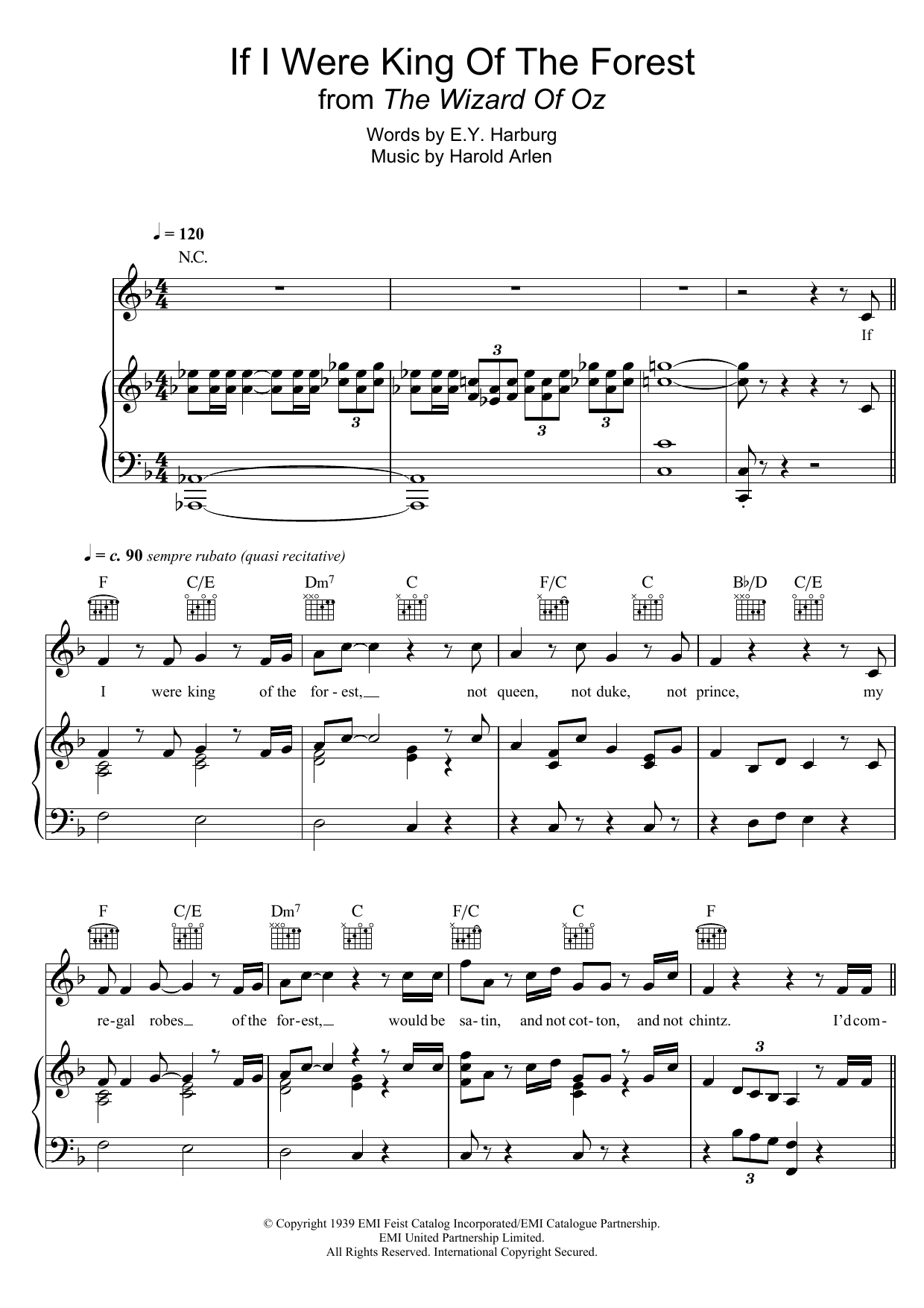 Harold Arlen If I Were The King Of The Forest (from 'The Wizard Of Oz') Sheet Music Notes & Chords for Piano, Vocal & Guitar (Right-Hand Melody) - Download or Print PDF