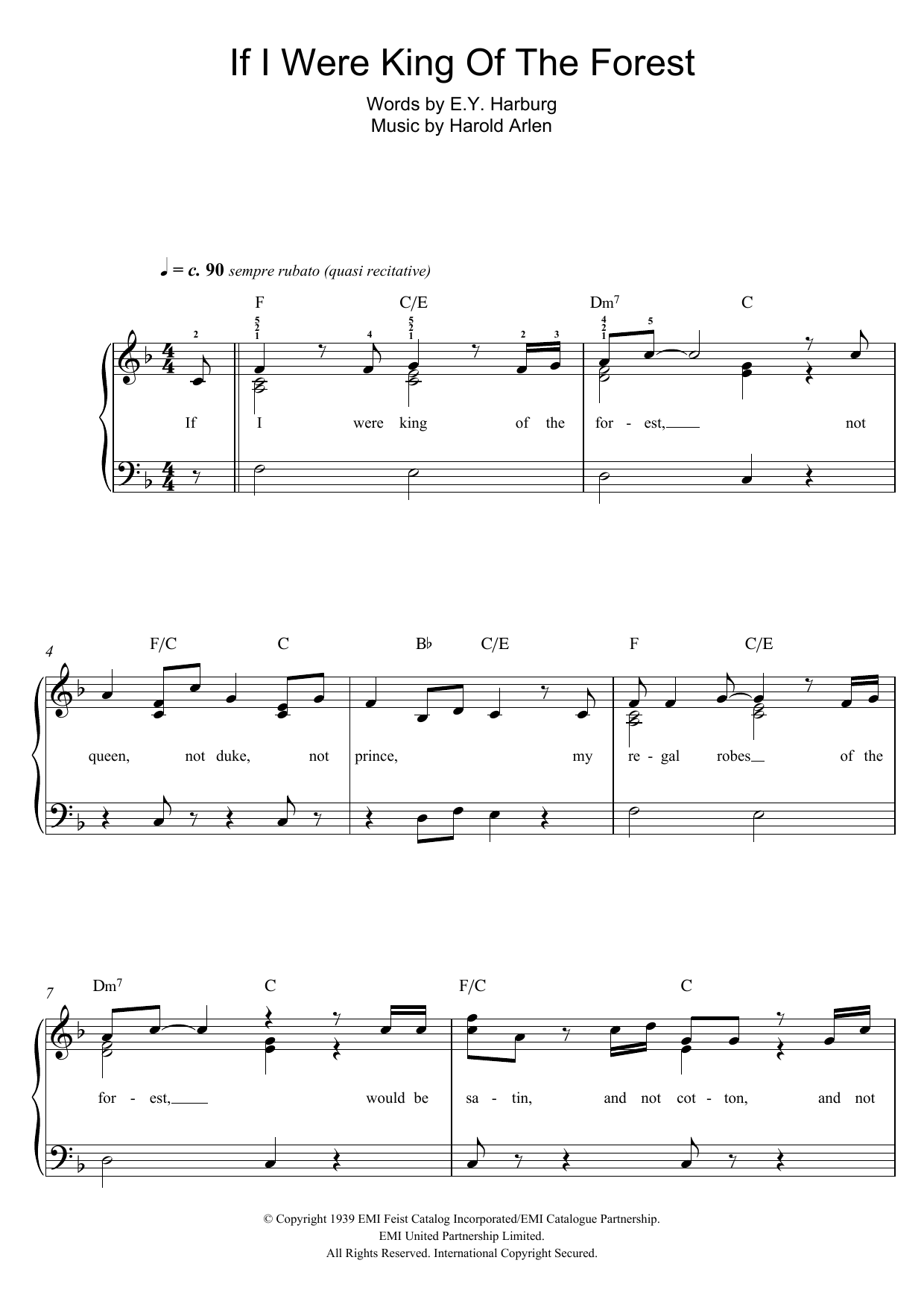 Harold Arlen If I Were The King Of The Forest Sheet Music Notes & Chords for Easy Piano - Download or Print PDF