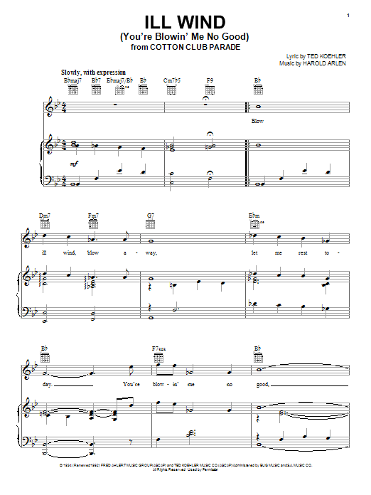 Harold Arlen Ill Wind (You're Blowin' Me No Good) Sheet Music Notes & Chords for Piano, Vocal & Guitar (Right-Hand Melody) - Download or Print PDF