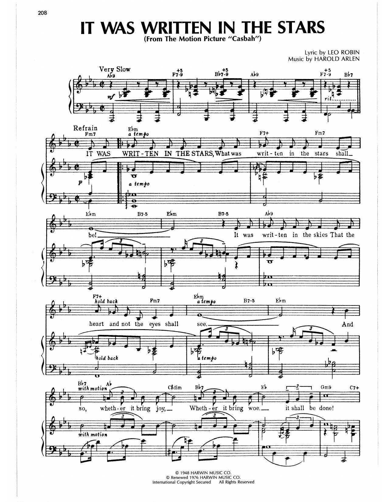 Harold Arlen It Was Written In The Stars (from Casbah) Sheet Music Notes & Chords for Piano, Vocal & Guitar Chords (Right-Hand Melody) - Download or Print PDF Harold Arlen It Was Written In The Stars (from Casbah) Sheet Music Notes & Chords for Piano, Vocal & Guitar Chords (Right-Hand Melody) - Download or Print PDF