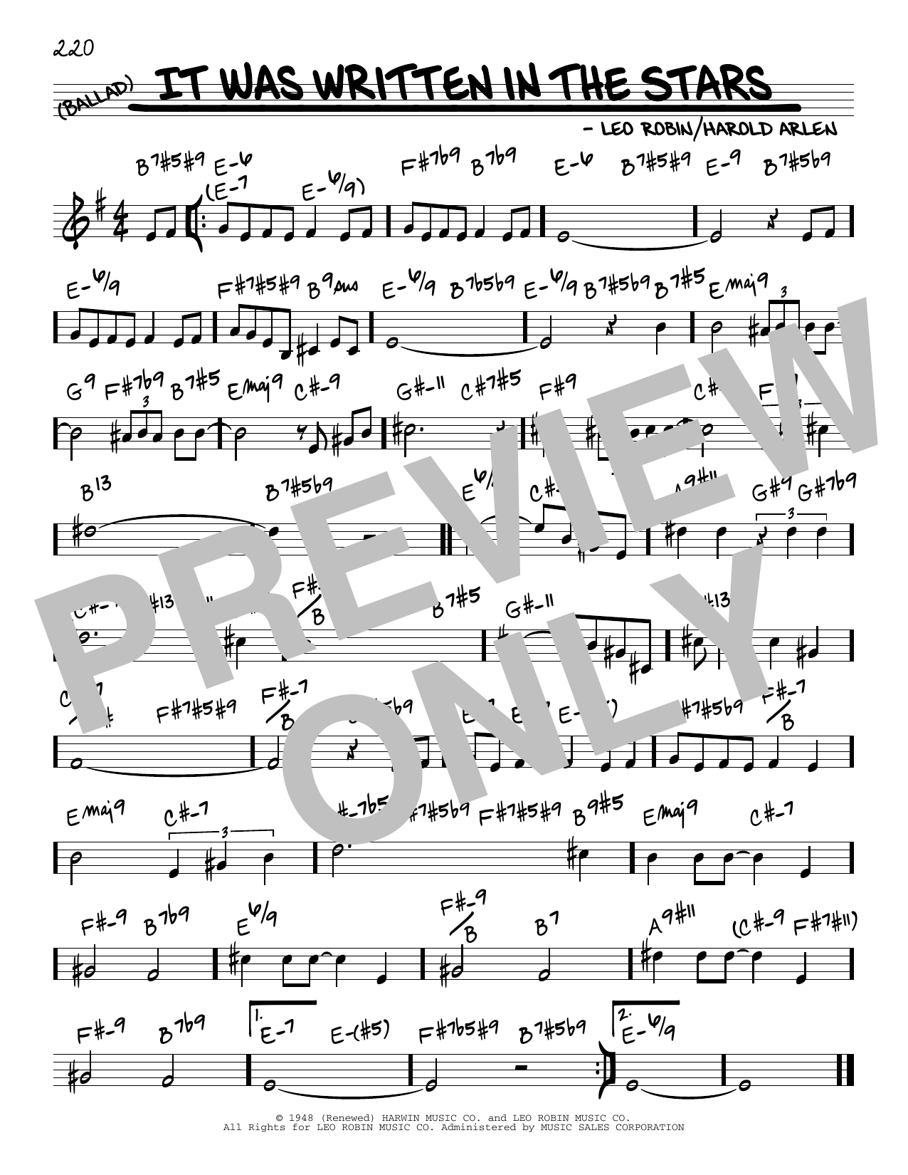 Harold Arlen It Was Written In The Stars Sheet Music Notes & Chords for Real Book – Melody & Chords - Download or Print PDF