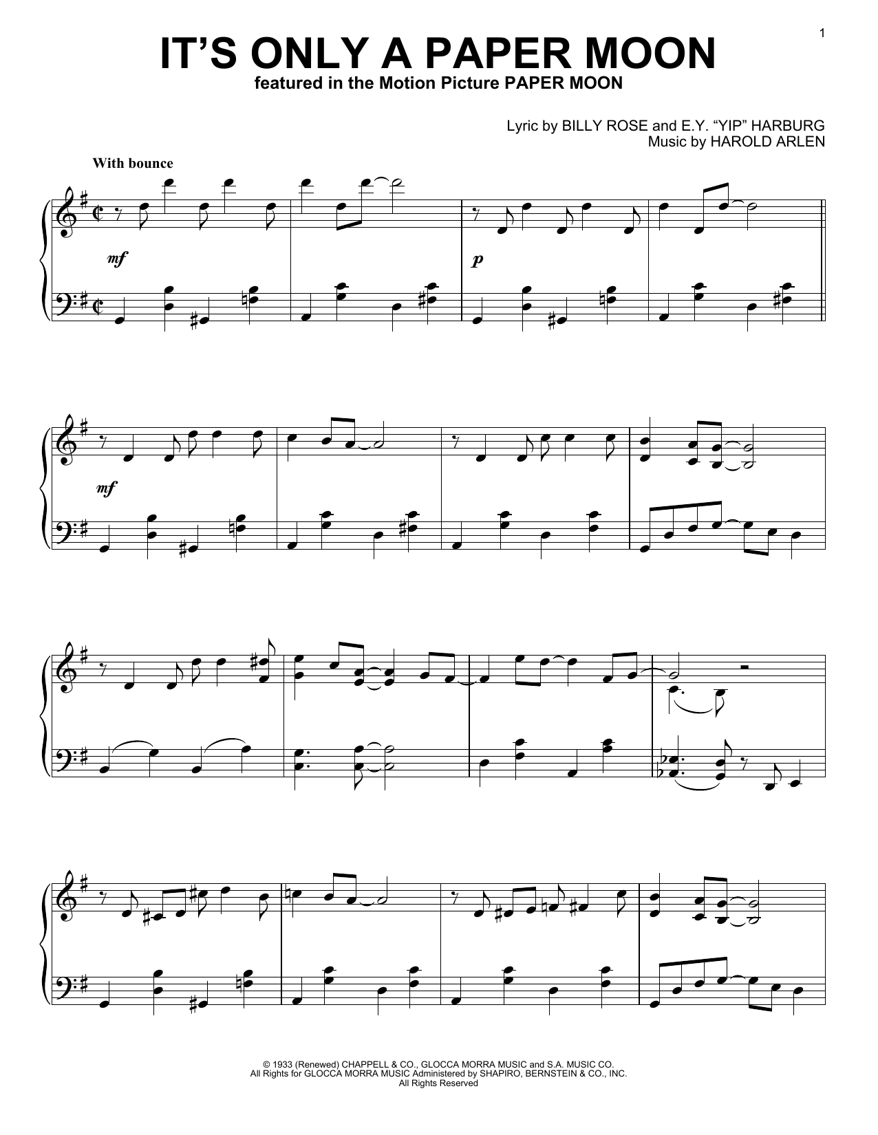 Harold Arlen It's Only A Paper Moon Sheet Music Notes & Chords for Piano - Download or Print PDF