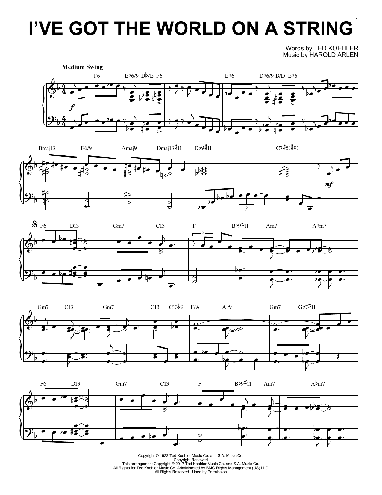 Harold Arlen I've Got The World On A String [Jazz version] Sheet Music Notes & Chords for Piano - Download or Print PDF