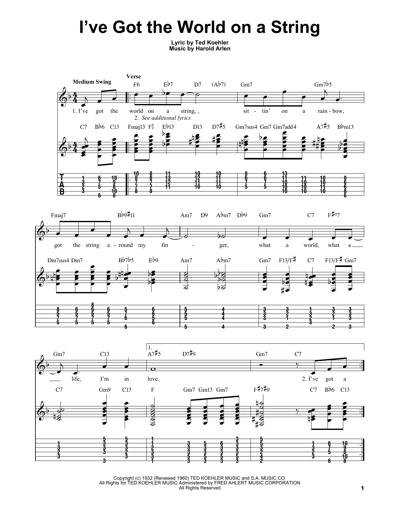 Harold Arlen I've Got The World On A String Sheet Music Notes & Chords for Easy Guitar Tab - Download or Print PDF