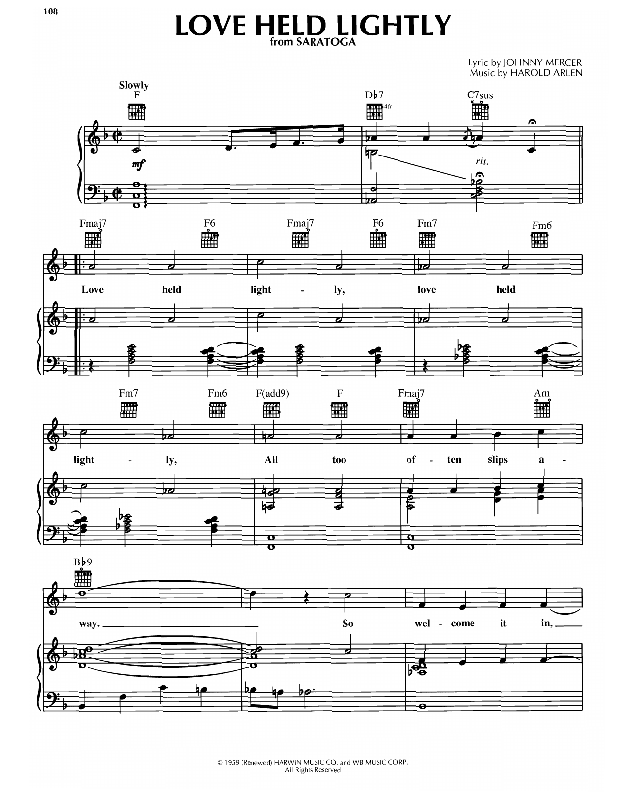 Harold Arlen Love Held Lightly Sheet Music Notes & Chords for Piano, Vocal & Guitar Chords (Right-Hand Melody) - Download or Print PDF