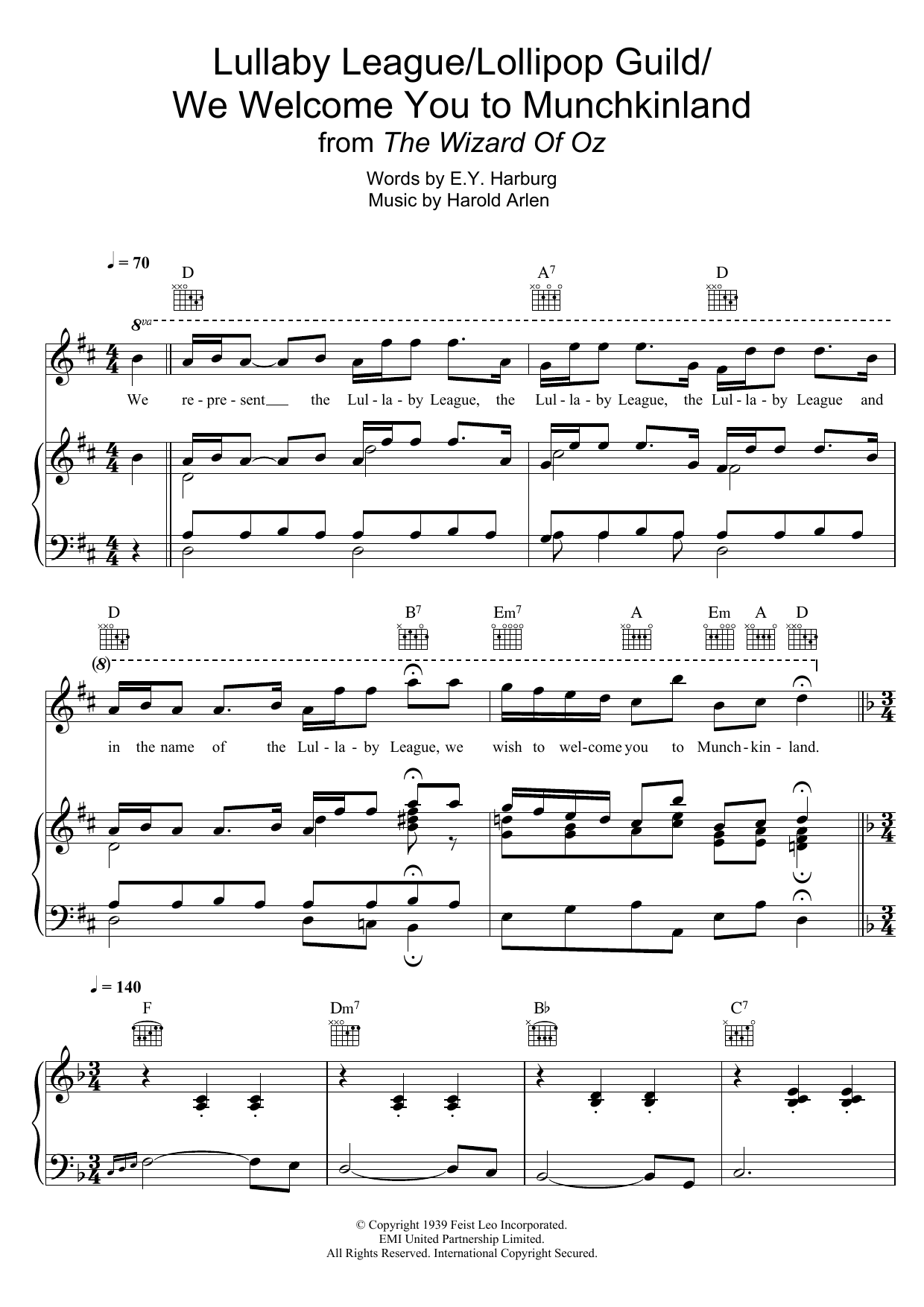 Harold Arlen Lullaby League/Lollipop Guild/We Welcome You To Munchkinland (from 'The Wizard Of Oz') Sheet Music Notes & Chords for Easy Piano - Download or Print PDF