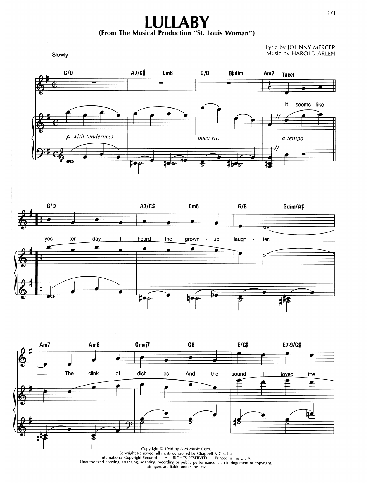 Harold Arlen Lullaby Sheet Music Notes & Chords for Piano, Vocal & Guitar Chords (Right-Hand Melody) - Download or Print PDF