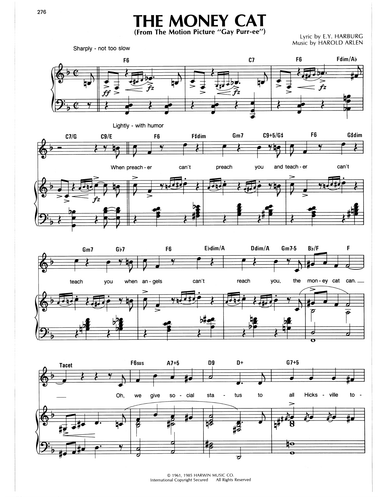 Harold Arlen Money Cat Sheet Music Notes & Chords for Piano, Vocal & Guitar Chords (Right-Hand Melody) - Download or Print PDF