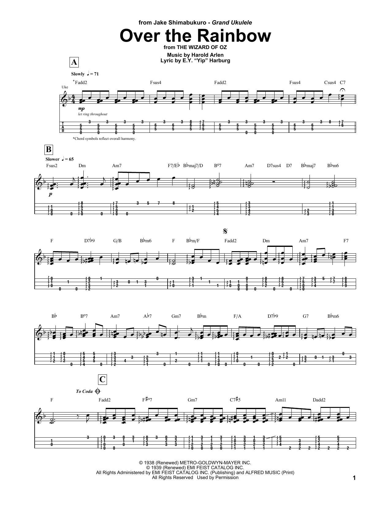 Harold Arlen Over The Rainbow (arr. Jake Shimabukuro) Sheet Music Notes & Chords for UKETAB - Download or Print PDF