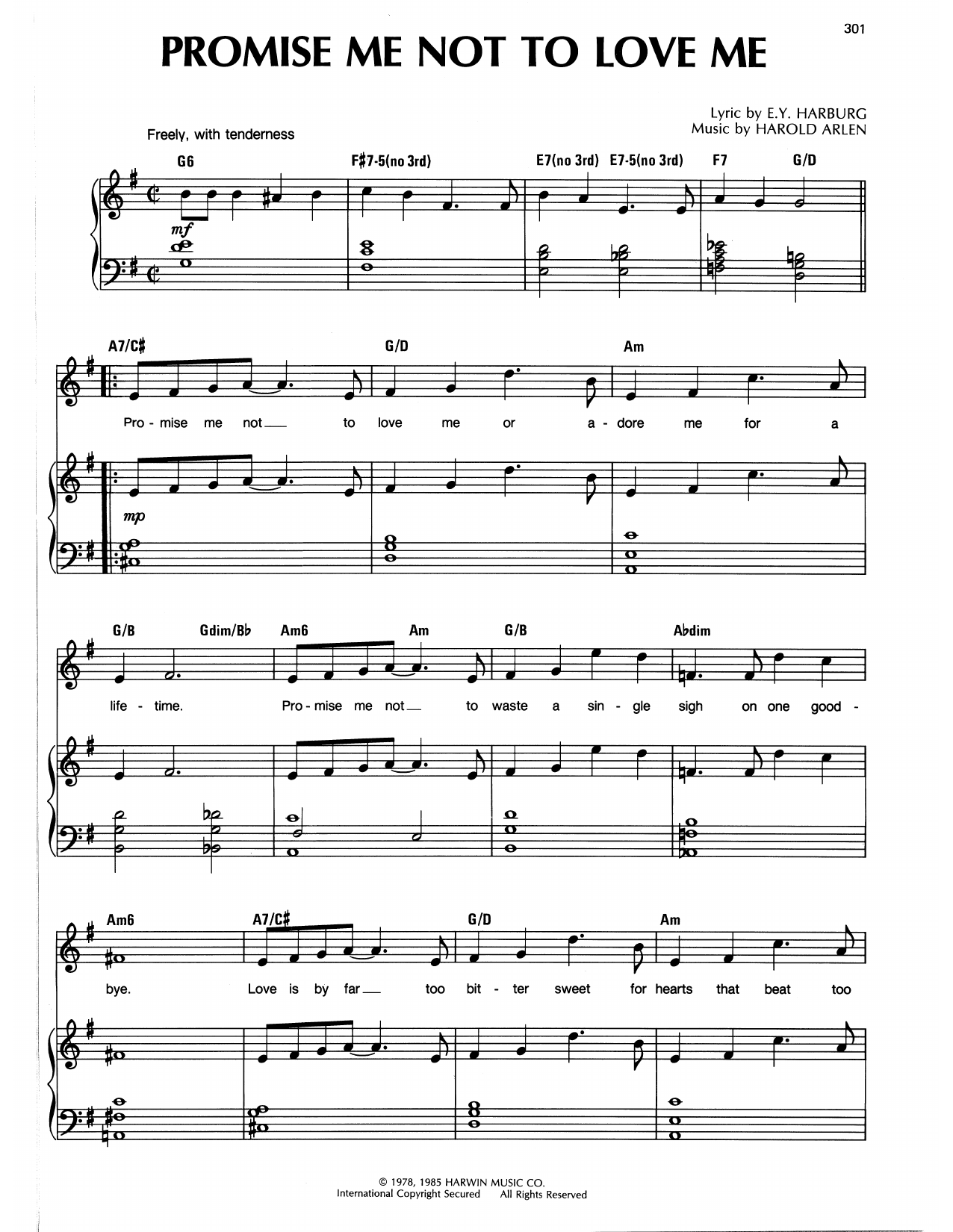 Harold Arlen Promise Me Not To Love Me Sheet Music Notes & Chords for Piano, Vocal & Guitar Chords (Right-Hand Melody) - Download or Print PDF Harold Arlen Promise Me Not To Love Me Sheet Music Notes & Chords for Piano, Vocal & Guitar Chords (Right-Hand Melody) - Download or Print PDF