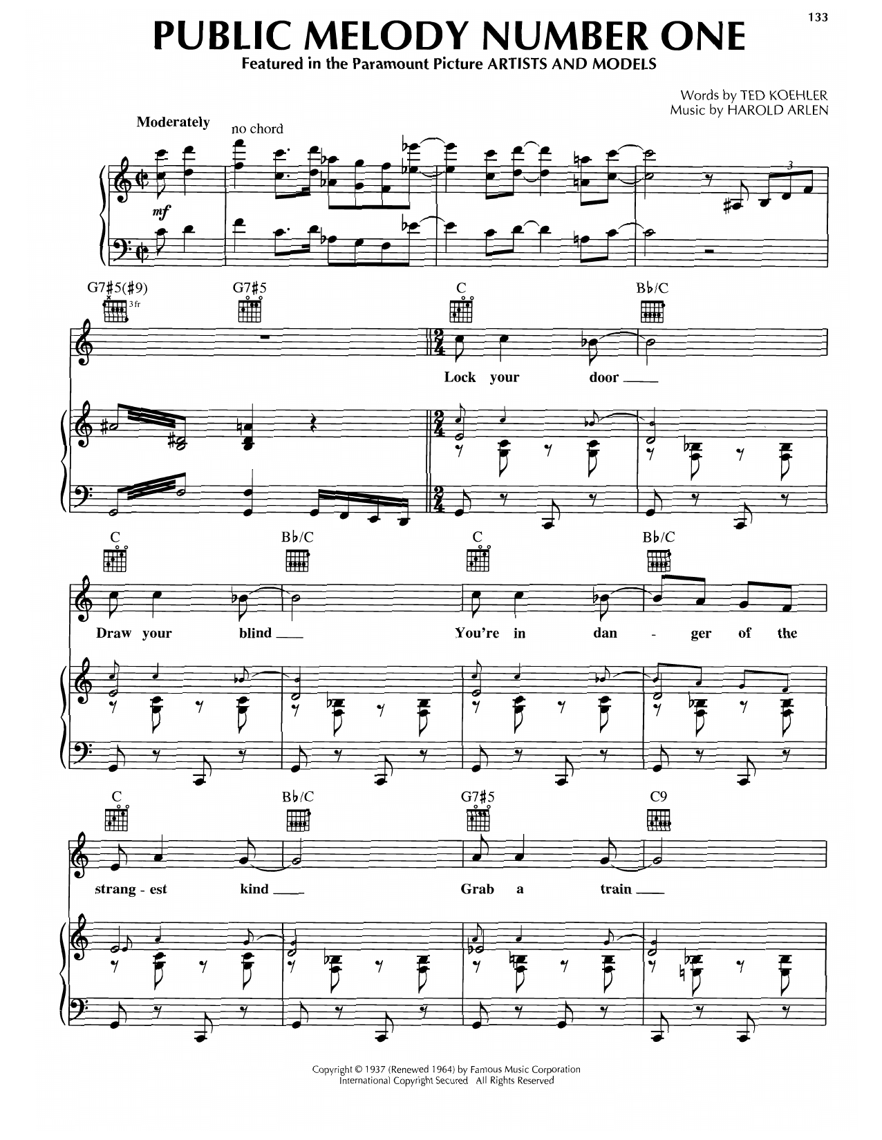 Harold Arlen Public Melody Number One Sheet Music Notes & Chords for Piano, Vocal & Guitar Chords (Right-Hand Melody) - Download or Print PDF
