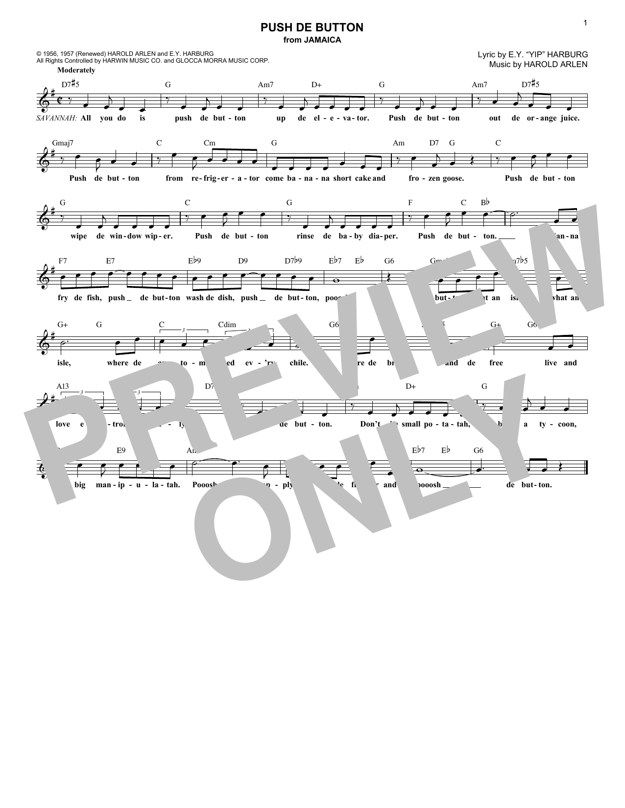 Harold Arlen Push De Button (from Jamaica) Sheet Music Notes & Chords for Lead Sheet / Fake Book - Download or Print PDF