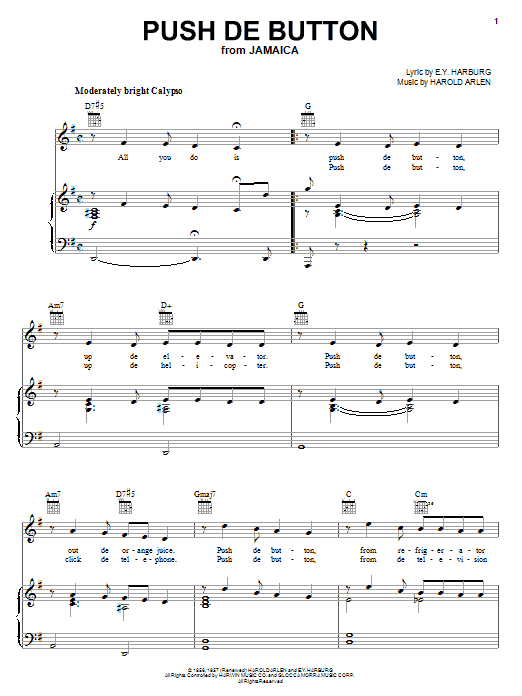 Harold Arlen Push De Button Sheet Music Notes & Chords for Piano, Vocal & Guitar (Right-Hand Melody) - Download or Print PDF
