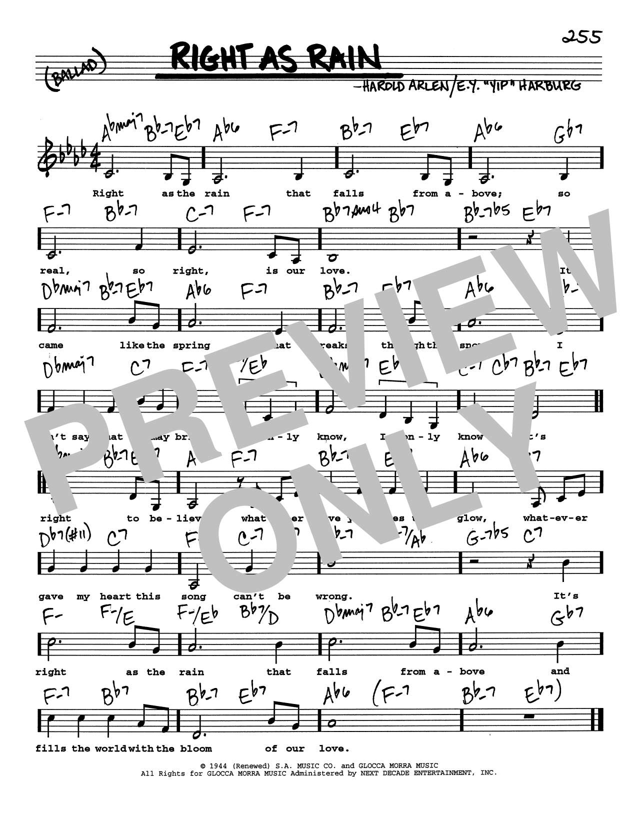 Harold Arlen Right As Rain (Low Voice) Sheet Music Notes & Chords for Real Book – Melody, Lyrics & Chords - Download or Print PDF