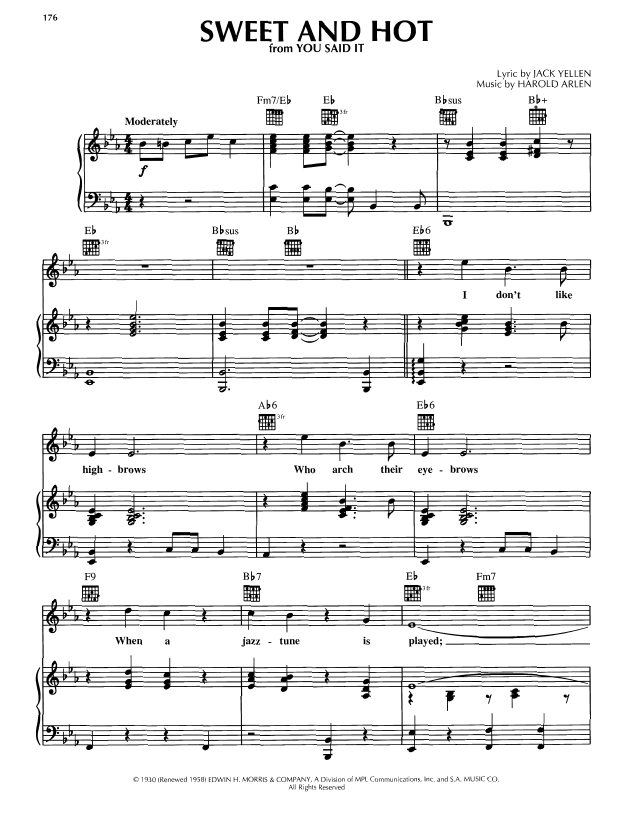 Harold Arlen Sweet And Hot Sheet Music Notes & Chords for Piano, Vocal & Guitar Chords (Right-Hand Melody) - Download or Print PDF