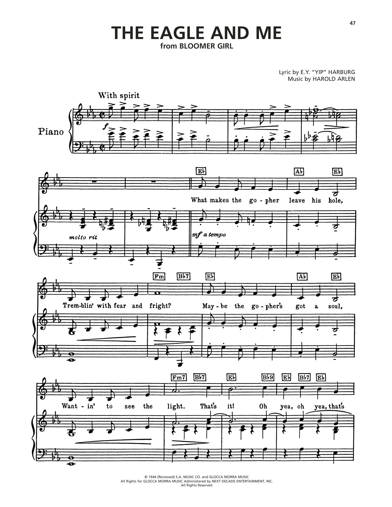 Harold Arlen The Eagle And Me (from Bloomer Girl) Sheet Music Notes & Chords for Piano, Vocal & Guitar Chords (Right-Hand Melody) - Download or Print PDF Harold Arlen The Eagle And Me (from Bloomer Girl) Sheet Music Notes & Chords for Piano, Vocal & Guitar Chords (Right-Hand Melody) - Download or Print PDF