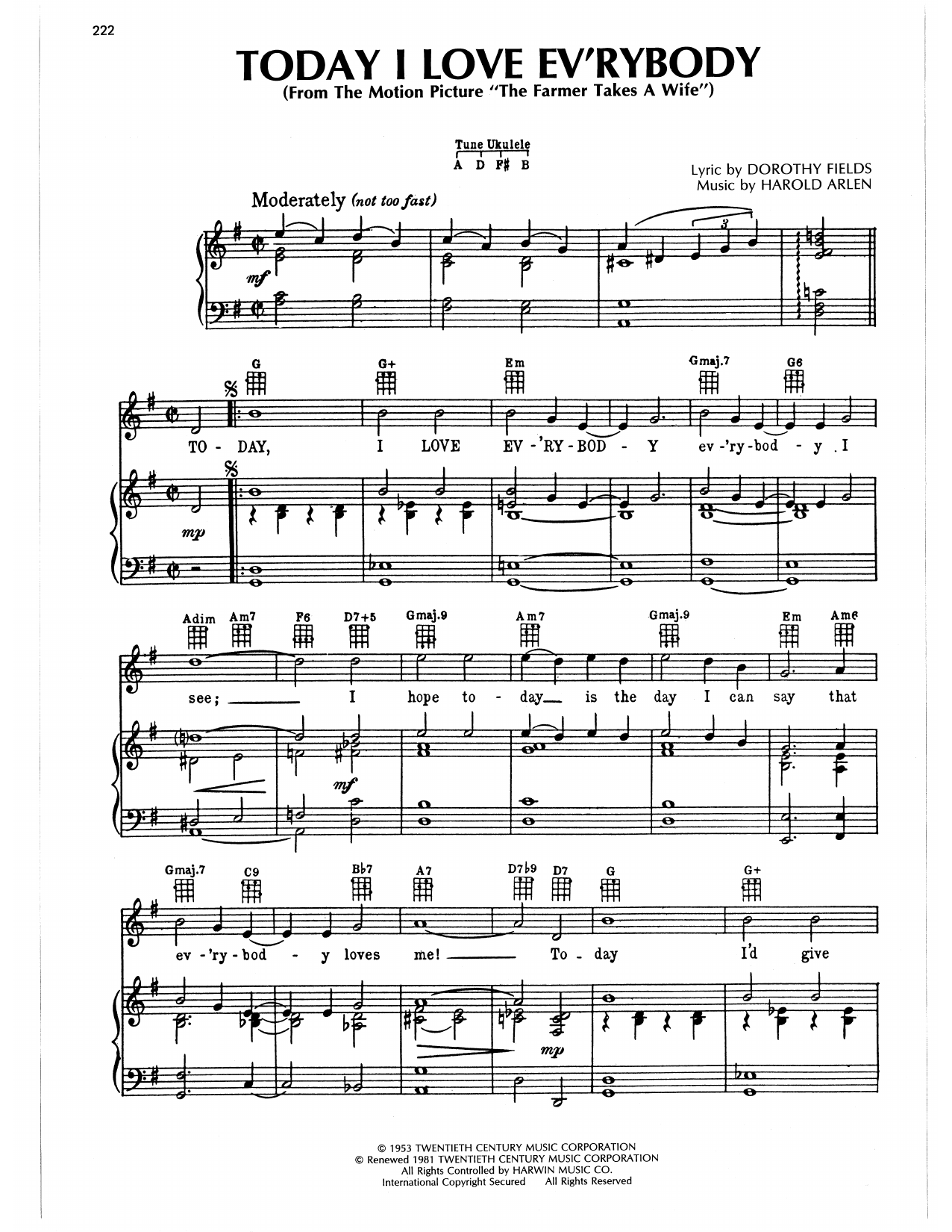 Harold Arlen Today, I Love Everybody Sheet Music Notes & Chords for Piano, Vocal & Guitar Chords (Right-Hand Melody) - Download or Print PDF