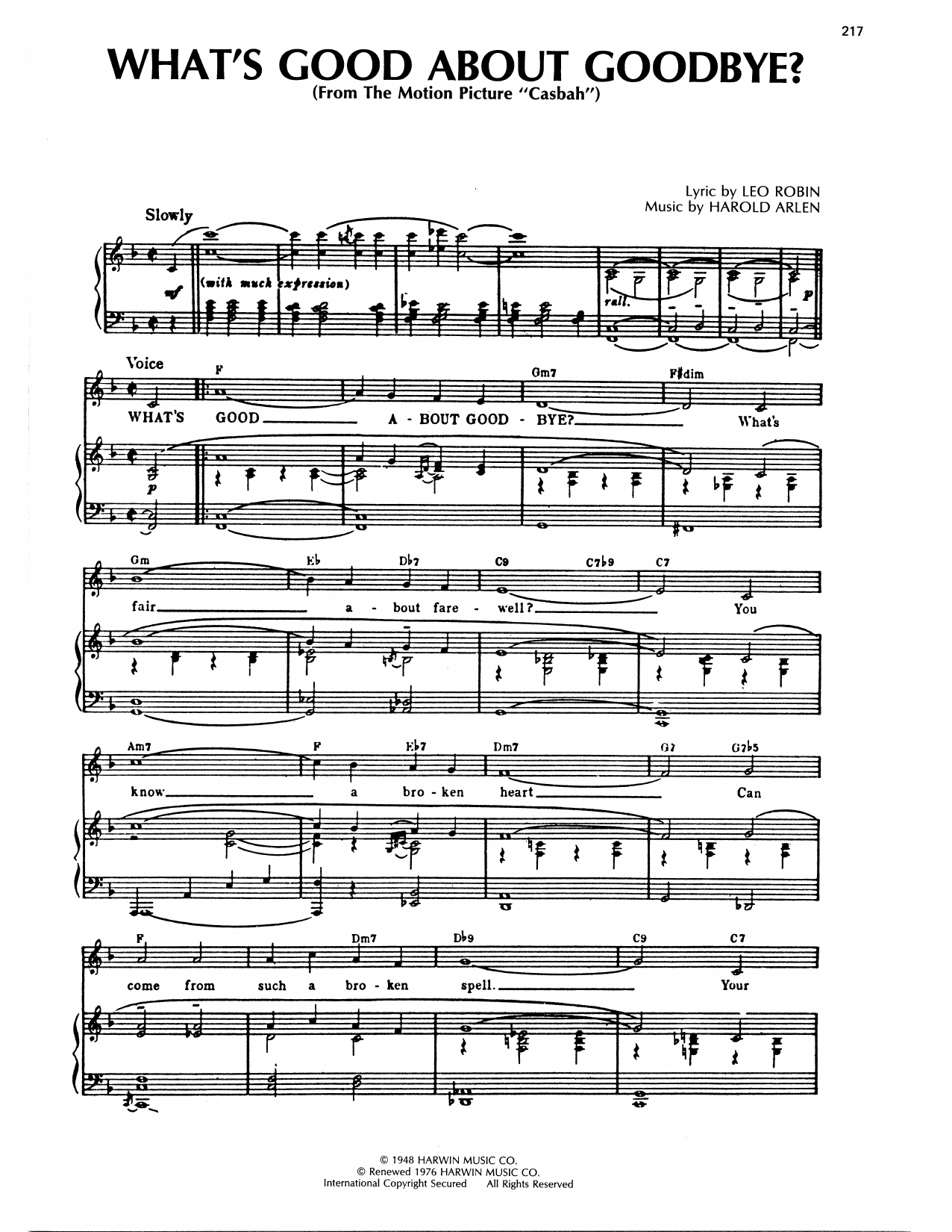 Harold Arlen What's Good About Goodbye? Sheet Music Notes & Chords for Piano, Vocal & Guitar Chords (Right-Hand Melody) - Download or Print PDF Harold Arlen What's Good About Goodbye? Sheet Music Notes & Chords for Piano, Vocal & Guitar Chords (Right-Hand Melody) - Download or Print PDF
