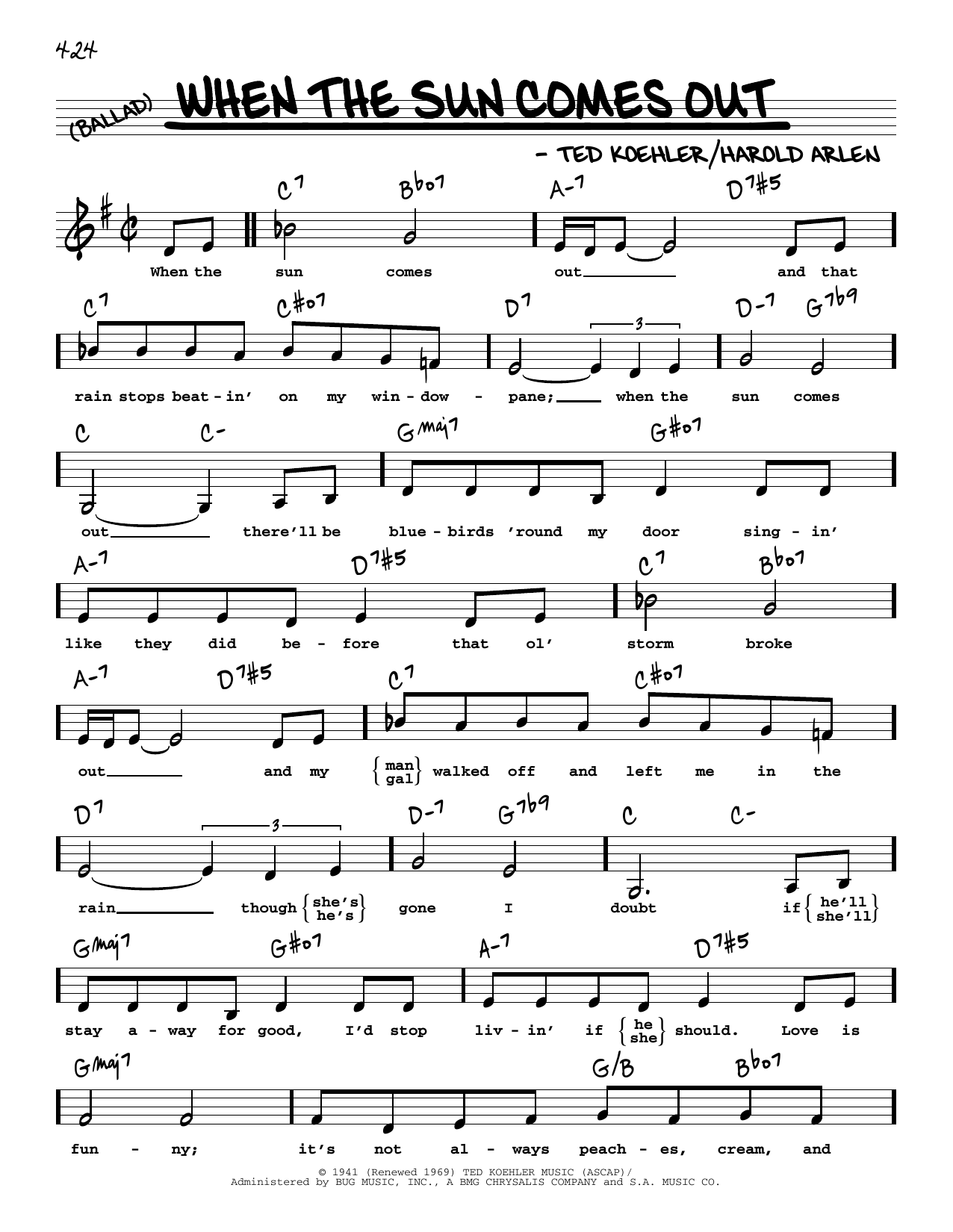 Harold Arlen When The Sun Comes Out (Low Voice) Sheet Music Notes & Chords for Real Book – Melody, Lyrics & Chords - Download or Print PDF