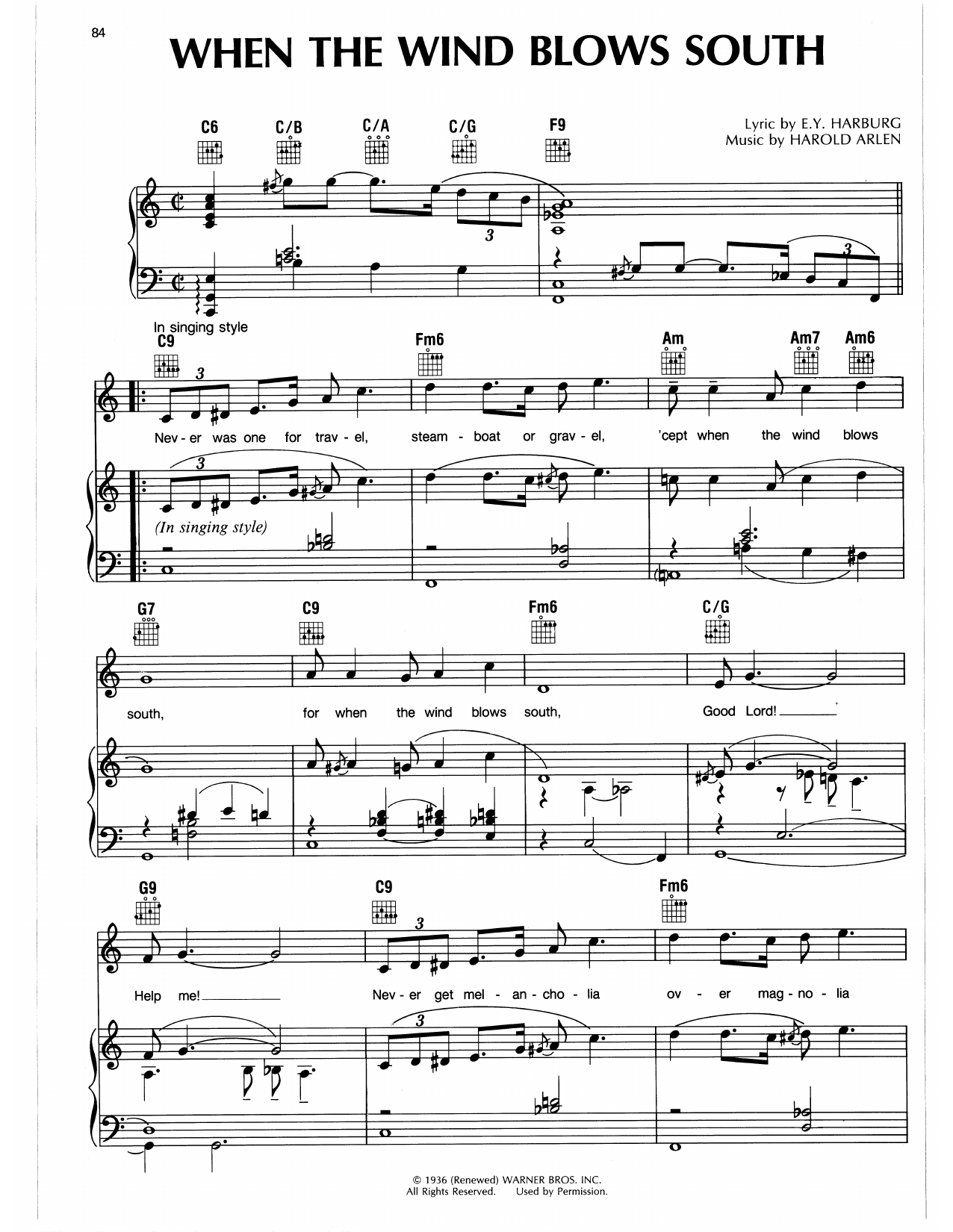 Harold Arlen When The Wind Blows South Sheet Music Notes & Chords for Piano, Vocal & Guitar Chords (Right-Hand Melody) - Download or Print PDF Harold Arlen When The Wind Blows South Sheet Music Notes & Chords for Piano, Vocal & Guitar Chords (Right-Hand Melody) - Download or Print PDF