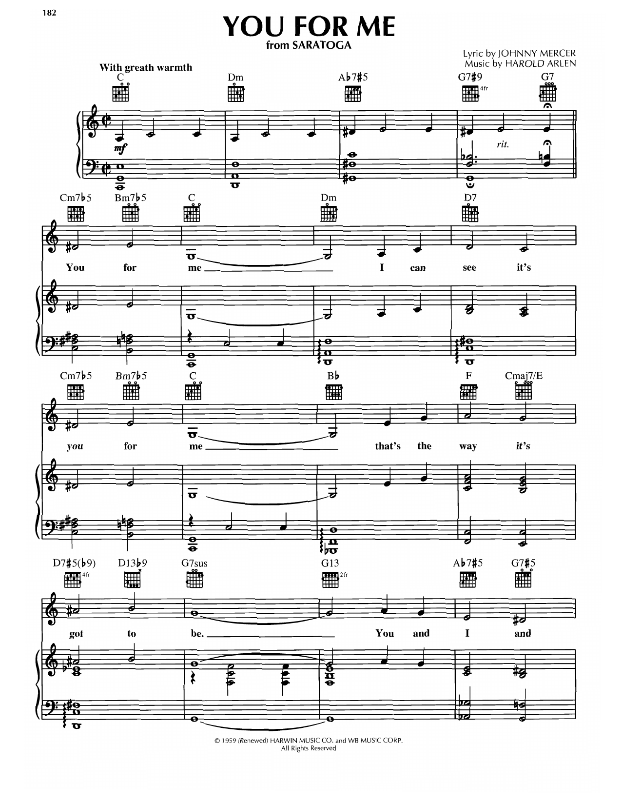 Harold Arlen You For Me (from Saratoga) Sheet Music Notes & Chords for Piano, Vocal & Guitar Chords (Right-Hand Melody) - Download or Print PDF
