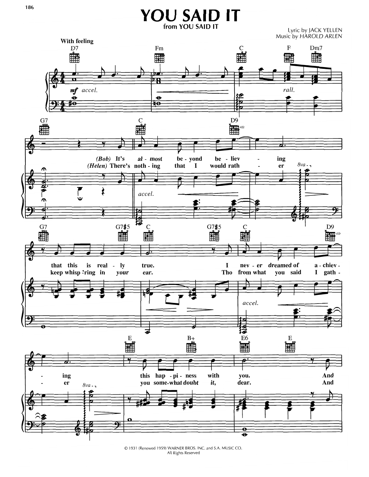 Harold Arlen You Said It Sheet Music Notes & Chords for Piano, Vocal & Guitar Chords (Right-Hand Melody) - Download or Print PDF