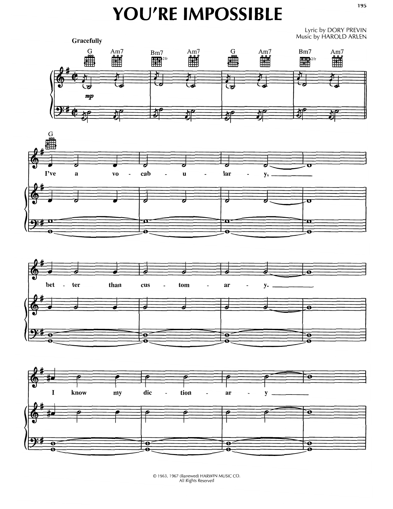 Harold Arlen You're Impossible Sheet Music Notes & Chords for Piano, Vocal & Guitar Chords (Right-Hand Melody) - Download or Print PDF