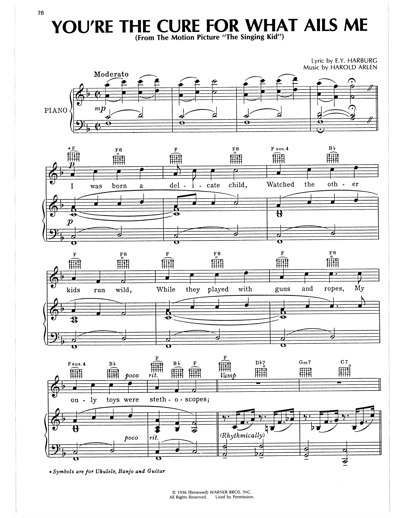 Harold Arlen You're The Cure For What Ails Me (from The Singing Kid) Sheet Music Notes & Chords for Piano, Vocal & Guitar Chords (Right-Hand Melody) - Download or Print PDF Harold Arlen You're The Cure For What Ails Me (from The Singing Kid) Sheet Music Notes & Chords for Piano, Vocal & Guitar Chords (Right-Hand Melody) - Download or Print PDF