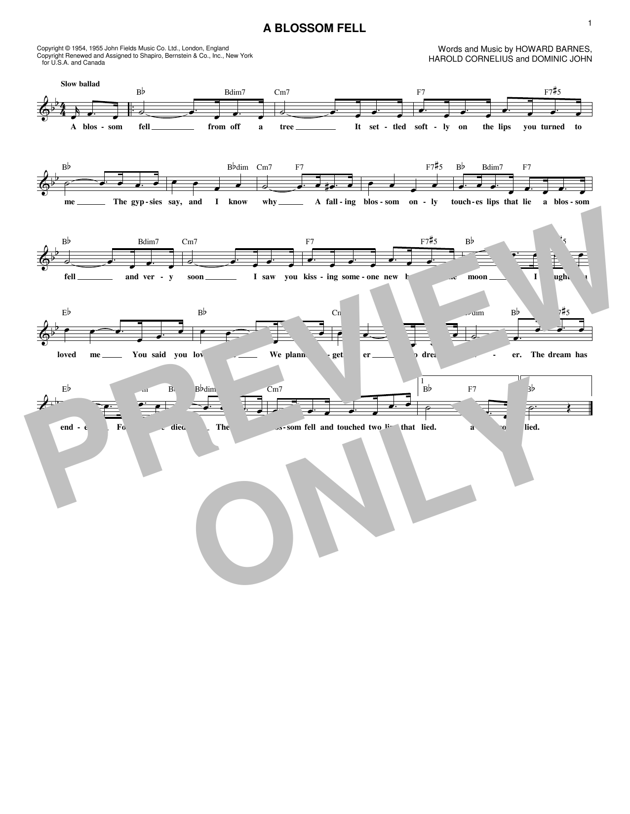 Harold Cornelius A Blossom Fell Sheet Music Notes & Chords for Melody Line, Lyrics & Chords - Download or Print PDF