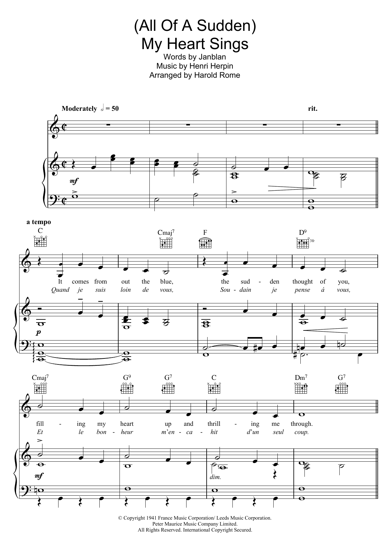 Harold Rome (All Of A Sudden) My Heart Sings Sheet Music Notes & Chords for Piano, Vocal & Guitar (Right-Hand Melody) - Download or Print PDF