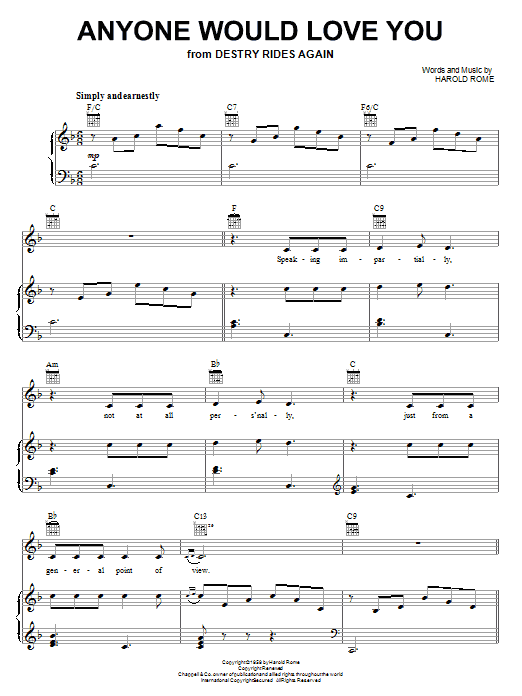 Harold Rome Anyone Would Love You Sheet Music Notes & Chords for Piano, Vocal & Guitar (Right-Hand Melody) - Download or Print PDF