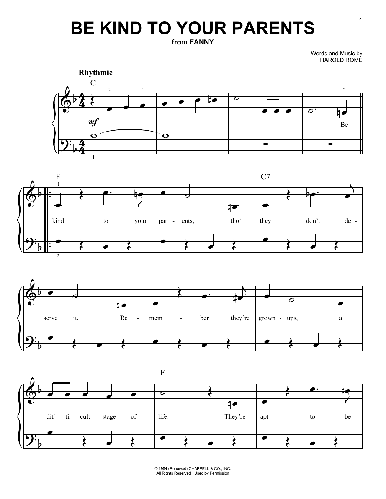 Harold Rome Be Kind To Your Parents Sheet Music Notes & Chords for Easy Piano - Download or Print PDF
