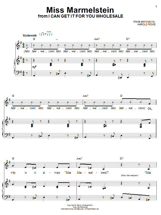 Harold Rome Miss Marmelstein Sheet Music Notes & Chords for Piano, Vocal & Guitar (Right-Hand Melody) - Download or Print PDF