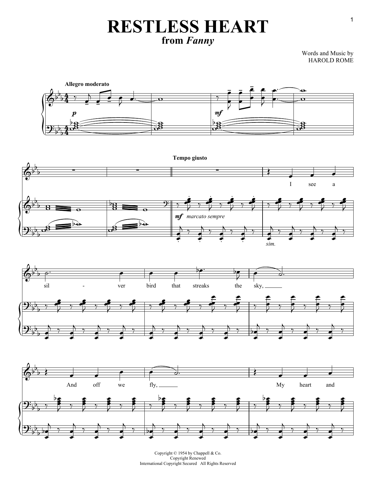 Harold Rome Restless Heart (from Fanny) Sheet Music Notes & Chords for Piano & Vocal - Download or Print PDF