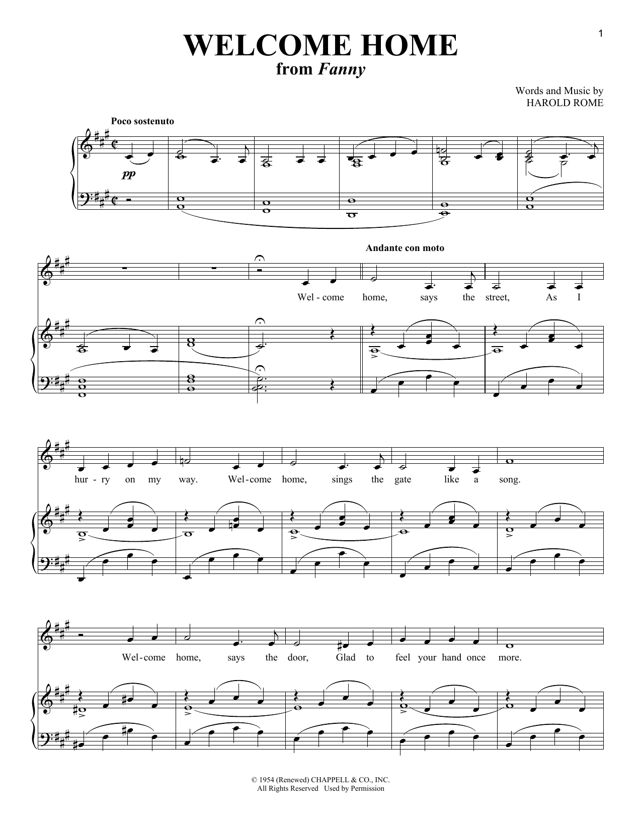 Harold Rome Welcome Home (from Fanny) Sheet Music Notes & Chords for Piano & Vocal - Download or Print PDF
