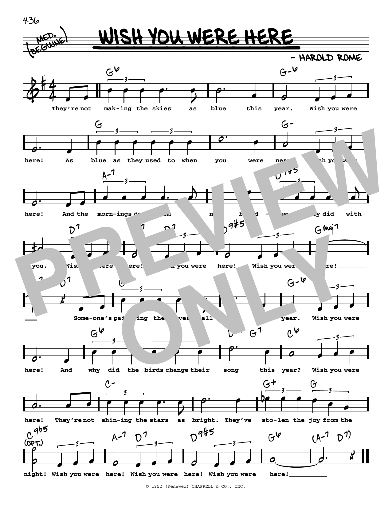 Harold Rome Wish You Were Here (High Voice) Sheet Music Notes & Chords for Real Book – Melody, Lyrics & Chords - Download or Print PDF
