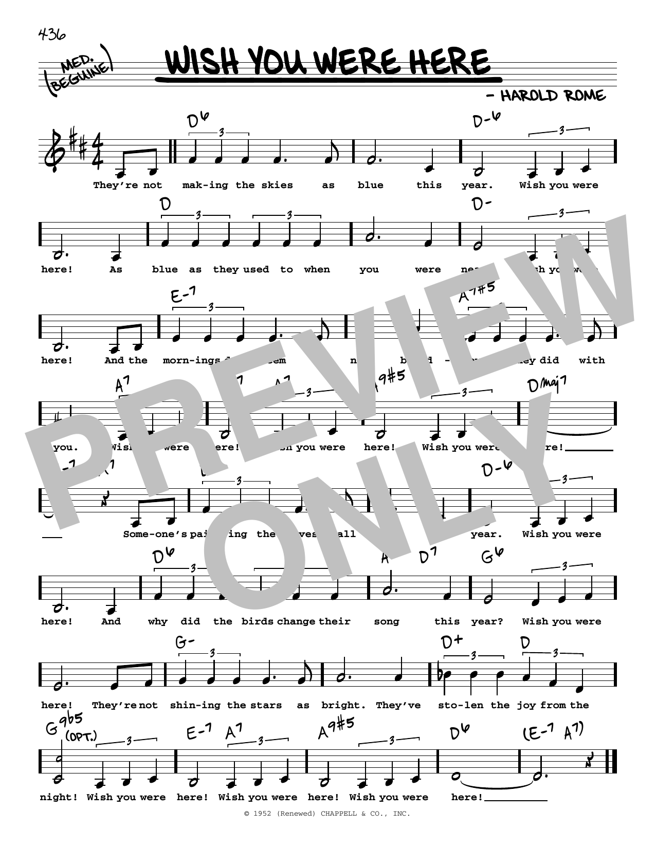 Harold Rome Wish You Were Here (Low Voice) Sheet Music Notes & Chords for Real Book – Melody, Lyrics & Chords - Download or Print PDF