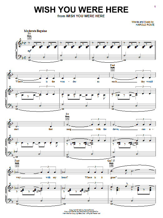 Harold Rome Wish You Were Here Sheet Music Notes & Chords for Melody Line, Lyrics & Chords - Download or Print PDF