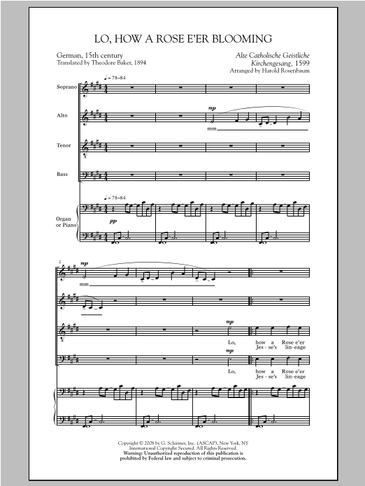 Harold Rosenbaum Lo, How A Rose E'er Blooming Sheet Music Notes & Chords for SATB - Download or Print PDF
