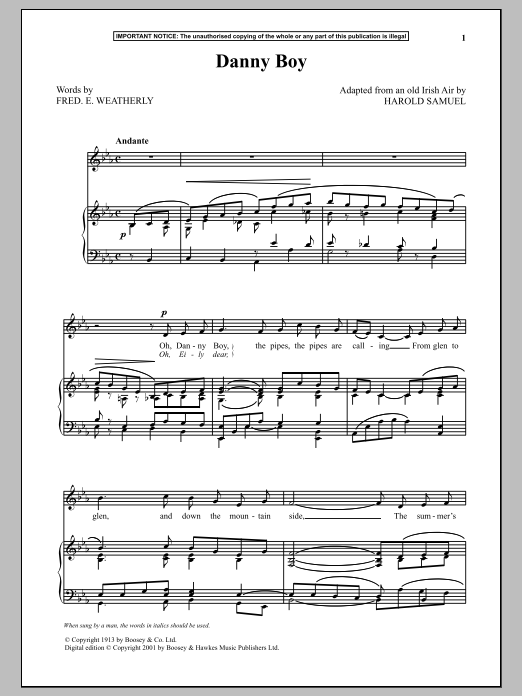 Harold Samuel Danny Boy Sheet Music Notes & Chords for Piano & Vocal - Download or Print PDF