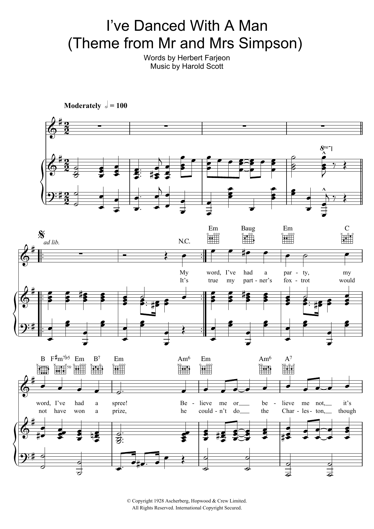 Harold Scott I've Danced With A Man ('Edward And Mrs Simpson' Theme) Sheet Music Notes & Chords for Piano, Vocal & Guitar (Right-Hand Melody) - Download or Print PDF