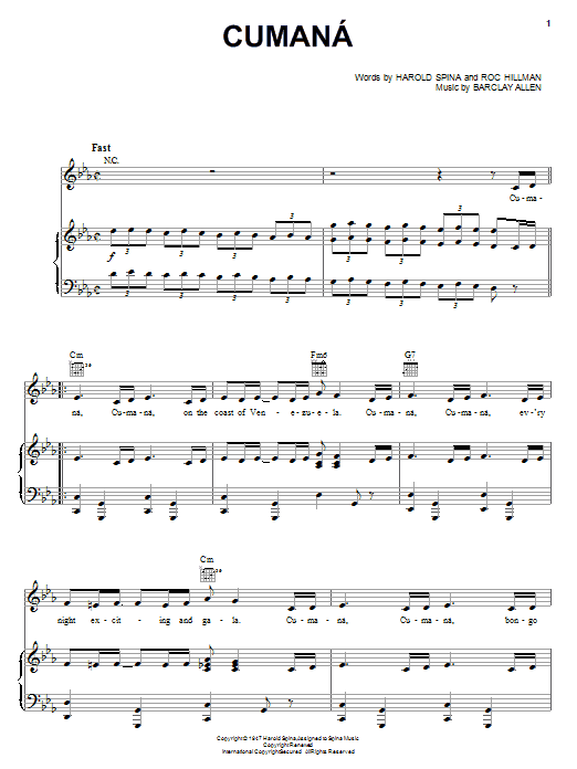 Harold Spina Cumana Sheet Music Notes & Chords for Piano, Vocal & Guitar (Right-Hand Melody) - Download or Print PDF