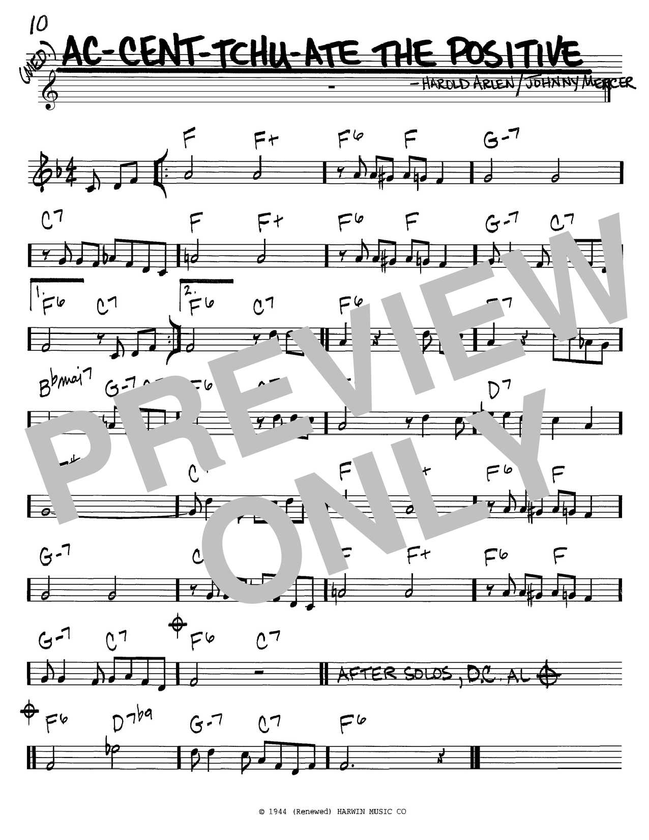 Preview Harold Arlen Ac-cent-tchu-ate The Positive Jazz sheet music, notes and chords for Real Book – Melody & Chords, SKU: 60493 Ac-cent-tchu-ate The Positive sheet music