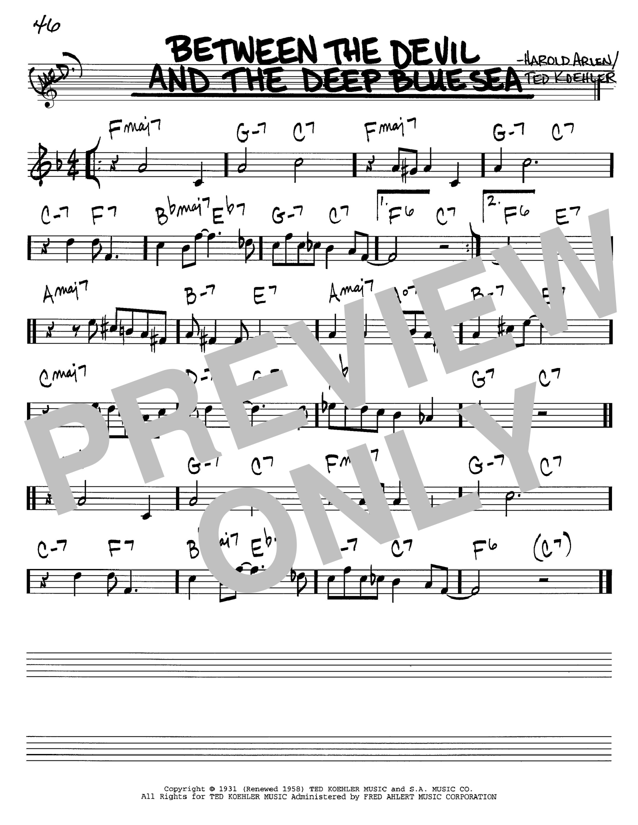 Preview Harold Arlen Between The Devil And The Deep Blue Sea Jazz sheet music, notes and chords for Real Book - Melody & Chords - C Instruments, SKU: 60536 Between The Devil And The Deep Blue Sea sheet music
