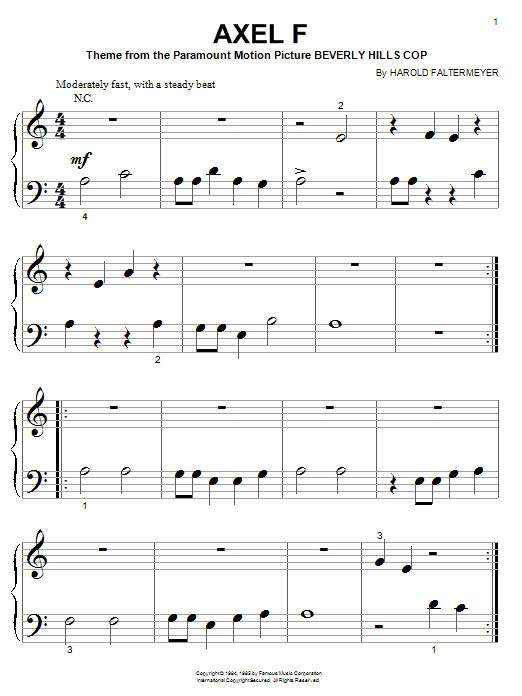 Preview Harold Faltermeyer Axel F (from Beverley Hills Cop) (the Crazy Frog) Film and TV sheet music, notes and chords for Piano, SKU: 32958 Axel F (from Beverley Hills Cop) (the Crazy Frog) sheet music