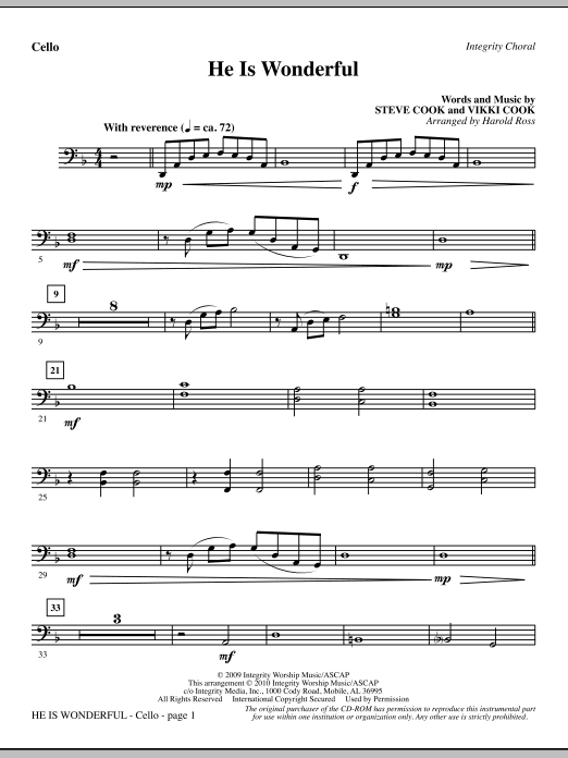 Preview Harold Ross He Is Wonderful - Cello Contemporary sheet music, notes and chords for Choir Instrumental Pak, SKU: 295627 He Is Wonderful - Cello sheet music