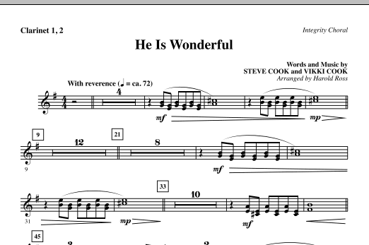 Preview Harold Ross He Is Wonderful - Clarinet 1 & 2 Contemporary sheet music, notes and chords for Choir Instrumental Pak, SKU: 295590 He Is Wonderful - Clarinet 1 & 2 sheet music