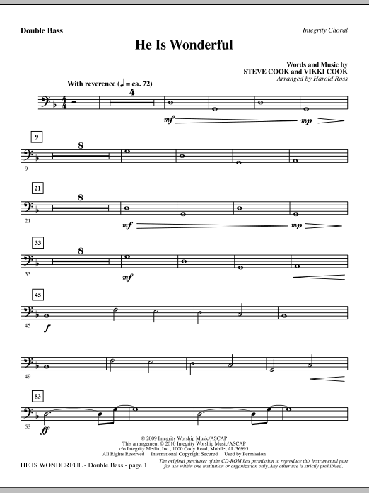 Preview Harold Ross He Is Wonderful - Double Bass Contemporary sheet music, notes and chords for Choir Instrumental Pak, SKU: 295628 He Is Wonderful - Double Bass sheet music