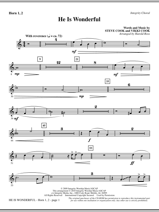 Preview Harold Ross He Is Wonderful - F Horn 1,2 Contemporary sheet music, notes and chords for Choir Instrumental Pak, SKU: 295593 He Is Wonderful - F Horn 1,2 sheet music